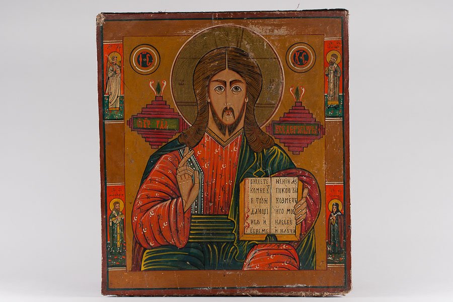Old South Carpathian Icon: Christ Pantocrator: Christ Pantocrator. Christian Orthodox icon, early 20th Century, South Carpathian region. Egg tempera and gesso on man-made wood panel. SIZE: 19 ½” x 17 ½” (49.5 x 44.5 cm)