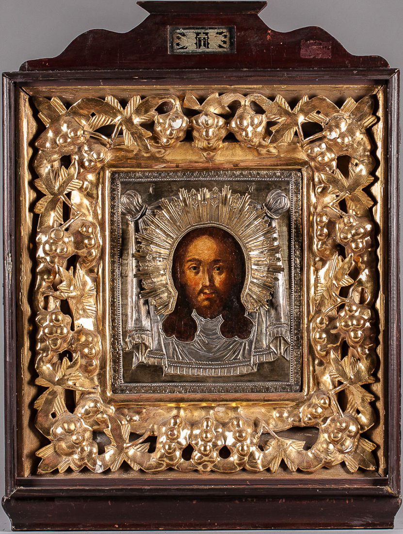 Early 19th C. Russian Icon: Not Made by Hands: The Image "Not made by hands". Russian icon early 19th Century, Moscow. Gold leaf and gesso painted over egg tempera on wood panel. Two splints in the back. The icon is overlaid with gilded silver, re