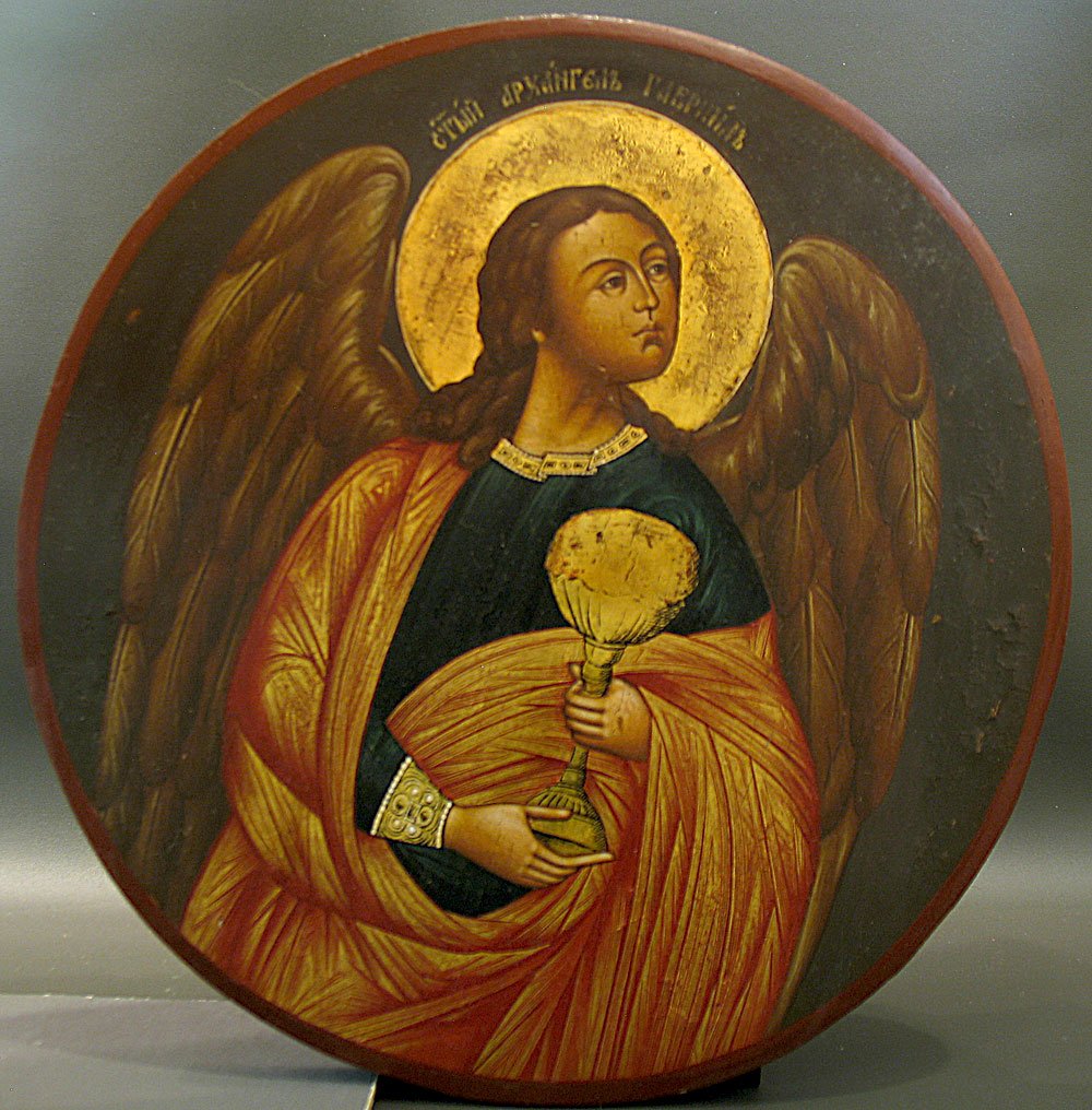 Ca. 1800 Russian Icon: Archangel Gabriel: Archangel Gabriel, Russian icon ca.1800, central Russia. Egg tempera, gold leaf and gesso on wood panel. This icon was made to be placed on a royal church door. SIZE: D 9” (23 cm)