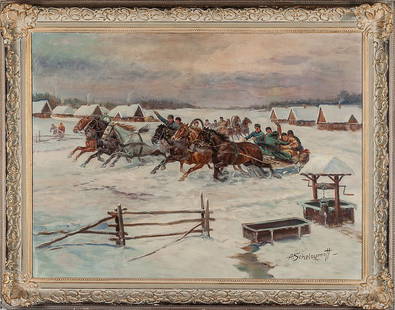 Russian Painting by Scheloumoff (1892-1983): 20th Century oil on canvas painting by Russian artist Afanasij Ivanovic Scheloumoff (1892-1983). Signature found on right corner. SIZE: Out of frame: 31 ½” x 24” (80 x 61 cm). With the frame: 37�