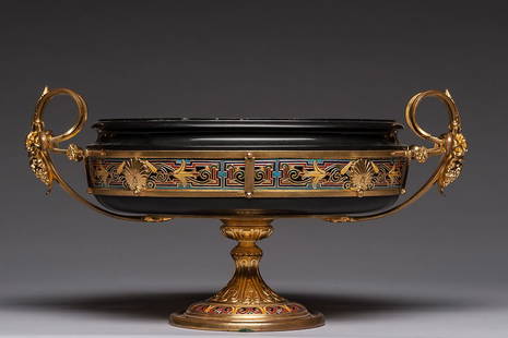 Bronze-Gilt Footed Bowl signed F. Barbedienne: 19th Century bronze-gilt Empire style fruit footed bowl, decorated with multiple color enamel. The bowl is made out of solid black stone, signed at the base. Size: H- 7 1/2 in (18.5cm), L- 15 in (39cm