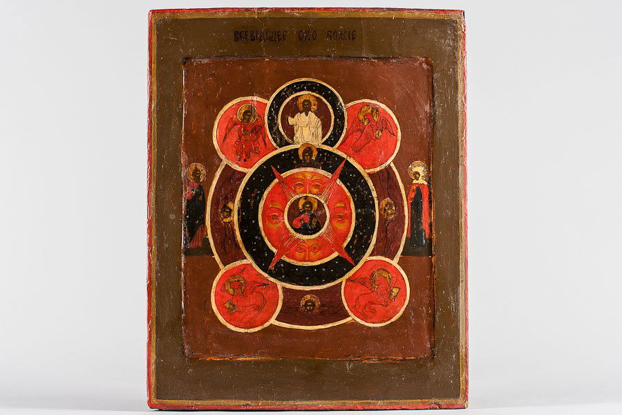 19th C. Russian Icon: The All-Seeing Eye of God: 19th Century Russian icon: The all-seeing eye of God.Central Russia. Egg tempera and gesso on wood panel. Two splints on the back. SIZE: 14 ¾” x 11 ½” (37.5 x 32 cm)
