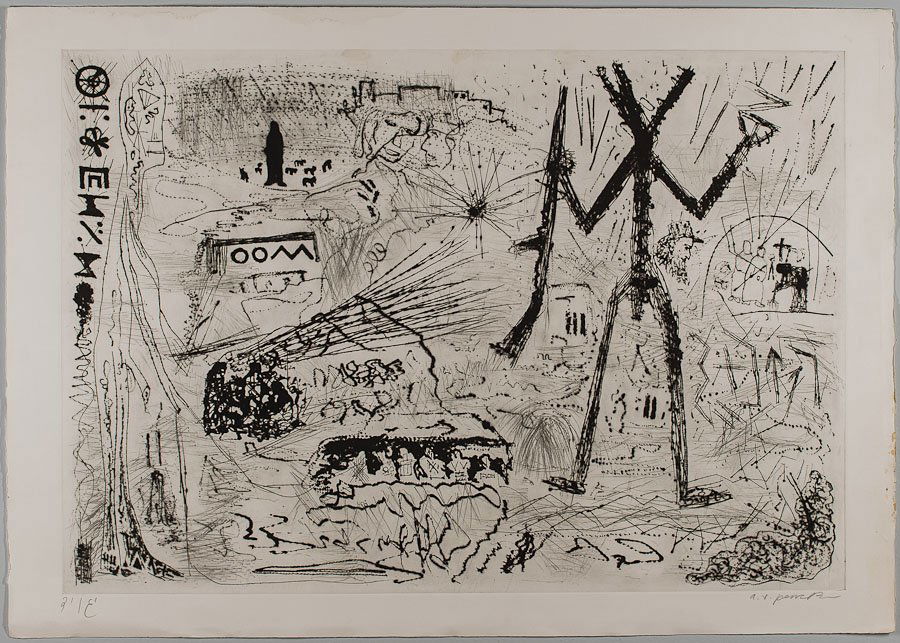 1983 German Aquatint Etching signed by A.R. Penck: "Aquatint etching printed on Arches paper. Hand signed by A.R. Penck in pencil and numbered (from the edition of 50). This print is a part of the 1983 “Expedition to the Holy Land” portfolio. The