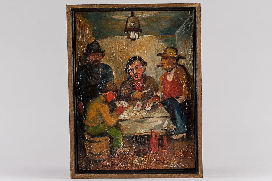 American/Ukrainian Painter D. Burliuk B. 1882: Oil on board, “Card players” by David Davidovich Burliuk (1882-1967). The painting is signed in the lower right corner. SIZE:12 x 8 ¼ in (30.5 x 21 cm), with frame 15 x 11 ¼ in (38 x 29 cm)