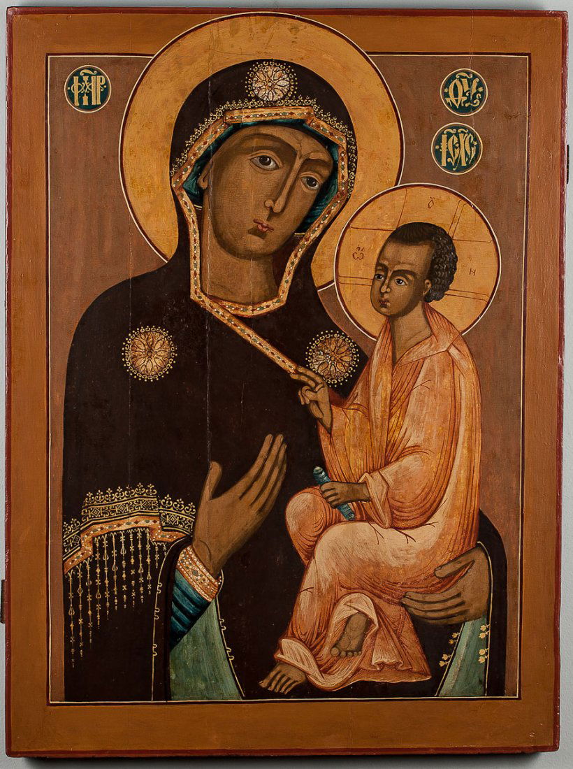 19th C. Russian Icon: Tikhvin Mother of God: 19th century Russian icon: Tikhvin Mother of God from the Northern Volga River. Gold leaf and gesso painted over egg tempera on wood panel. Two splints on the back. Icon was cleaned and restored. SIZE