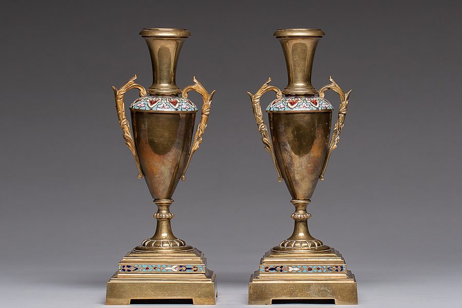 Two Antique Gilded Bronze Vases: Two antique gilded bronze vases decorated with champlevé enamel. SIZE: H- 9 ¼” (24 cm).