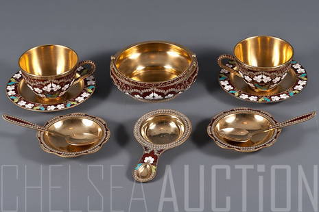 Russian Silver Gilt and Enamel Tea Set 840g: Russian silver gilt tea set decorated with enamel, 20th Century. Silver mark 925. Total weight 840g/27.0oz. Size: sugar bowl H 1 ¾” (4.5 cm.) D 4 ¼” (11 cm), plate D 4 ¼” (11 cm), cup D 2 7/8