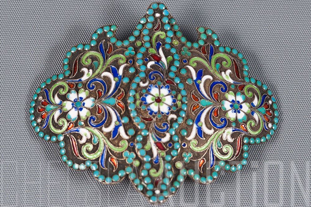 19th C. Russian Silver and Enamel Buckle: Russian silver enamel buckle 19th Century. Imperial warrant and 84 standard (875/1000 silver), maker mark A.D. (Cyrilick). SIZE: 2 ¾” 2 ¼” (7 x 6 cm)