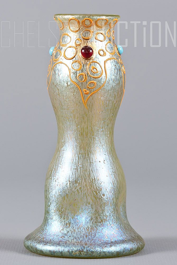 Blue Loetz Vase with Gold Enamel & Cabochon: Beautiful ART NOUVEAU Circa 1900, blue iridescent vase with wonderful gold enamel, ruby and turquoise. Polish pontil and fired polish rim. Perfect condition. Color: Blue, gold, with 2 red and 2 blue s