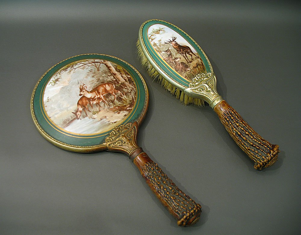 Dresser Set: Hand Mirror and Brush: Dresser set, hand mirror and brush. SIZE: L 9 ¼” & 8 ¼” D 5 ¼”