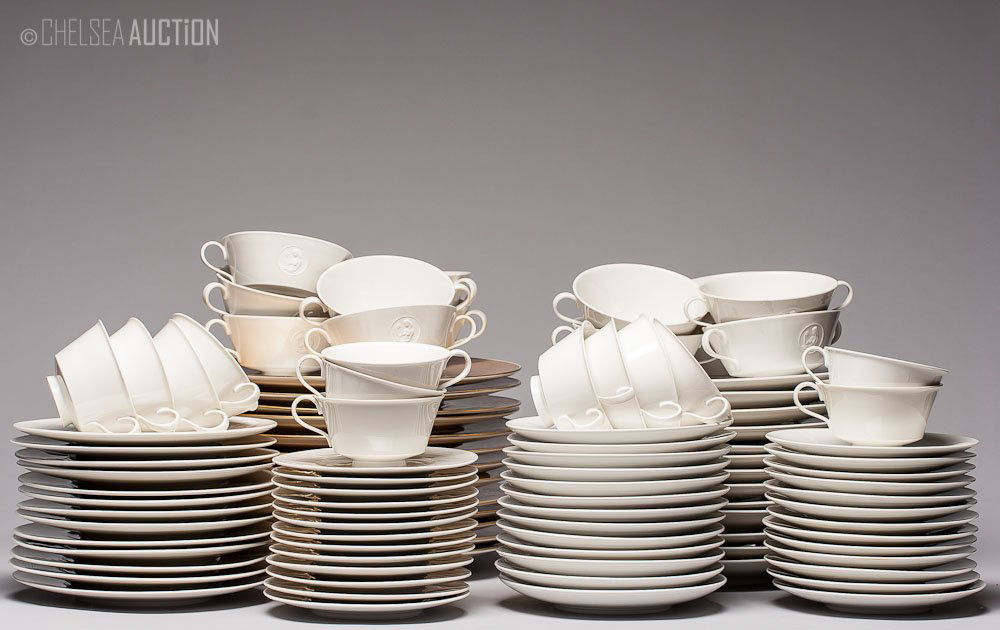 Old German 104pc Porcelain Dining Set by KPM: Mid 20th Century German 104-piece porcelain set for 13 persons. Manufacturer mark by KPM.