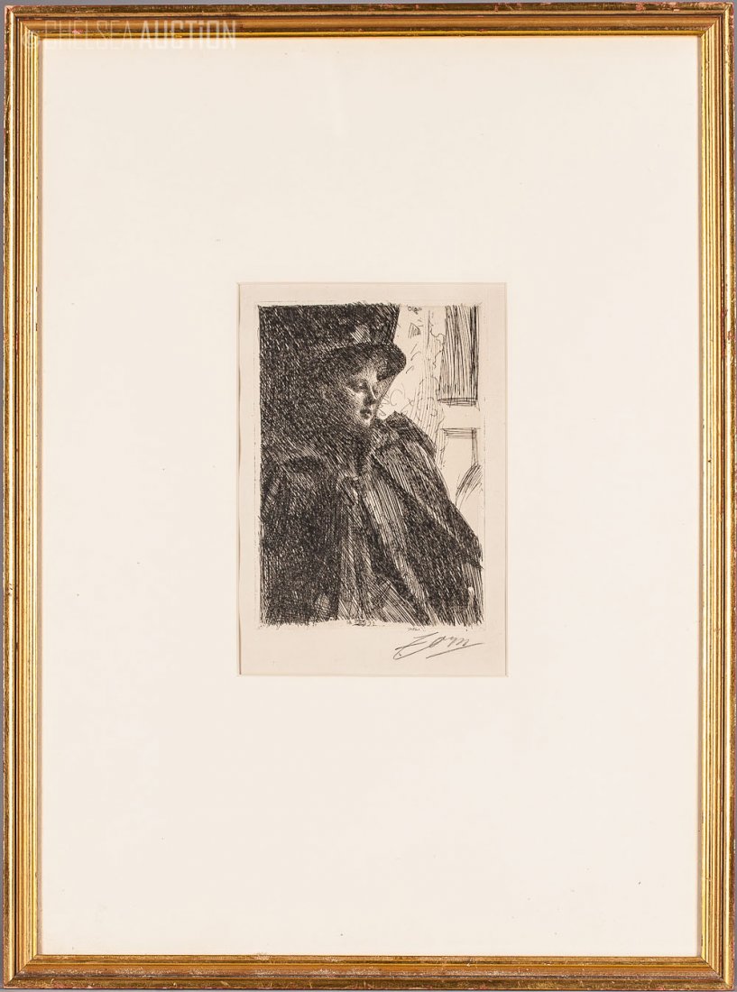 1892 Swedish Etching signed by Anders Zorn: 1892 etching of a young lady by Anders Zorn, Sweden. Signed in pencil lower right. SIZE: With frame: L 23 in and W 17 1/4 in (59 cm x 44.5 cm) Plate: H 7.87 in and W 5.51 in (20 cm x 14 cm)