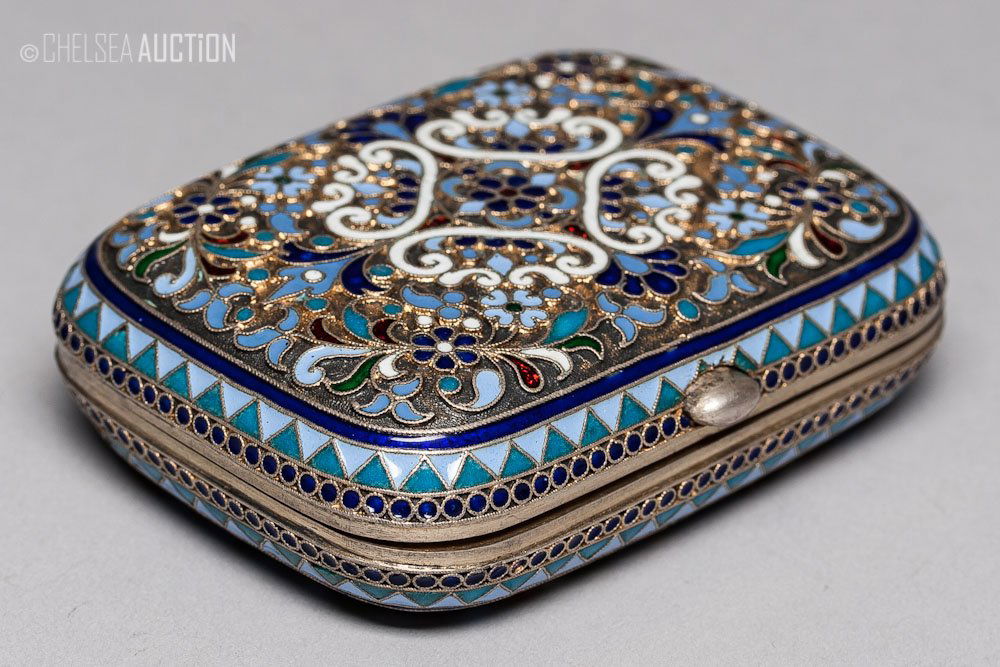 1891 Russian Enamel & Gilded Silver Case: 1891 Russian enamel and gilded silver cigarette case. Hallmarked Moscow, 84 standard (875/1000 silver), maker mark Cyrillic “A. A.”. A. Andreev. SIZE: L 3 in and W 2 1/4 in (7.5 cm x 5 1/2 cm) Wei