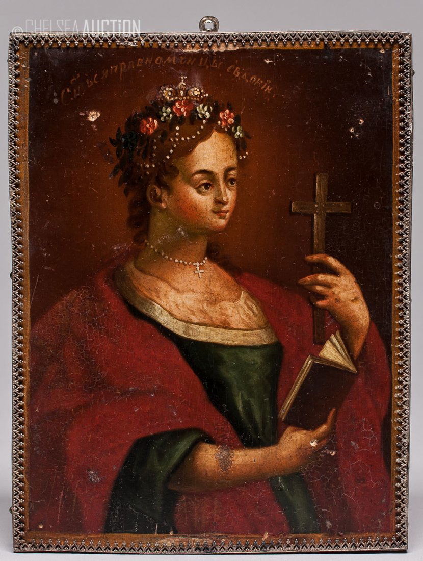 19th C. Russian Icon: St. Evdokia: 19th Century Russian Icon: St. Evdokia. Center Russia. Egg tempera and gesso on wood panel. SIZE: H 6 3/4 in (7.5cm) and W 5 1/2 in (13.5cm)