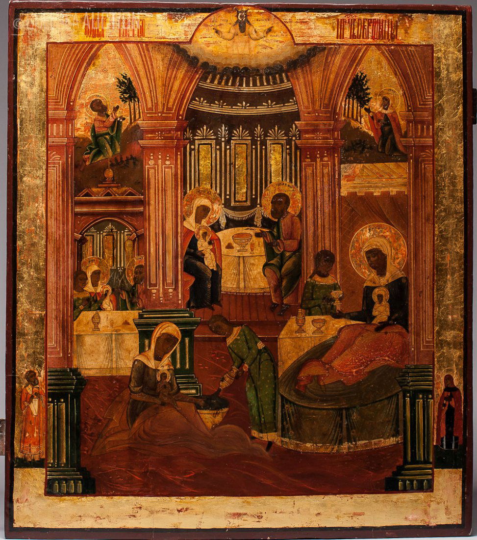 19th C. Russian Icon: Nativity Of Virgin: 19th C. Russian icon: Nativity of Virgin. Yaroslavl. Egg tempera, gold leaf and gesso on wood panel. Two splits on the back. SIZE: L 19 3/4 in and W 17 1/4 in (50cm x 44cm)