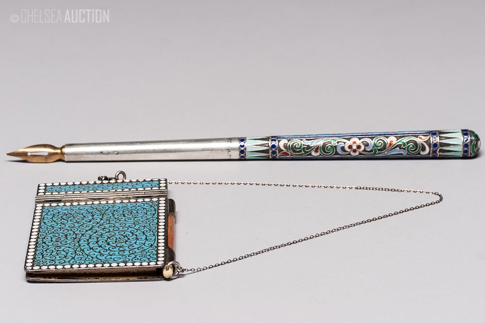 19th C. Russian Silver & Enamel Notebook w/ Pen: 1885-1889, Russian gilded silver and blue enamel notebook with pen and original note paper. Hallmarked St. Petersburg, Imperial warrant and 84 standard (875/1000 silver). SIZE: Pen: L 8 1/4 in, W 1/2 