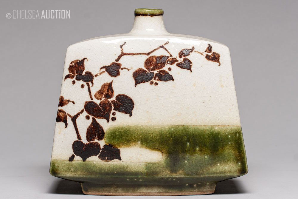 Asian Hand Painted Earthenware Vase: Asian hand painted earthenware vase, manufacturer signature found on the bottom. SIZE: L 11 in and W 6 in (28 cm X 15 cm)