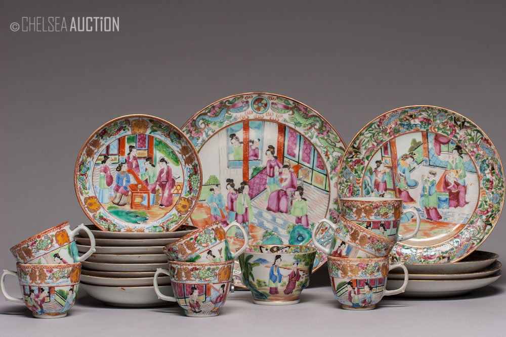 Chinese Porcelain Hand-Painted Tea Set: Chinese porcelain tea set decorated with hand painted scenes, 22 pieces. SIZE: Cake plate: H 1 in and D 9 1/2 in (2.5 cm x 24 cm) Large cup: H 2 3/4 in and D 3 3/4 in (7 cm x 9.5 cm) Six teacups: H 2