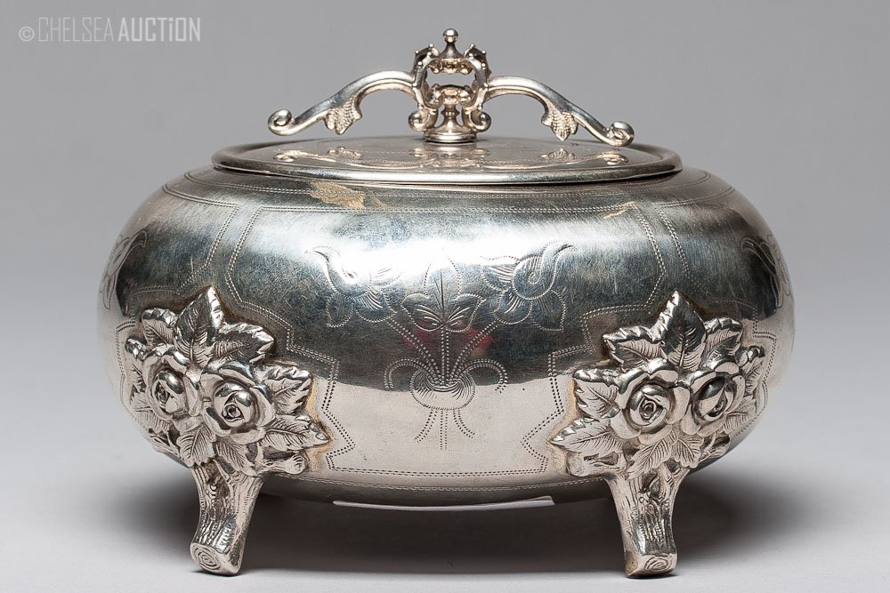 1892 Russian Silver Tea-Candy Box: 1892 Russian Silver tea-candy box. Hallmarked Moscow, Imperial warrant and 84 standard (875/1000 silver), maker mark Cyrillic “O.C “. SIZE: L 4 1/4 in and W 5 1/2 in (11cm x 14cm) WEIGHT: 305 g