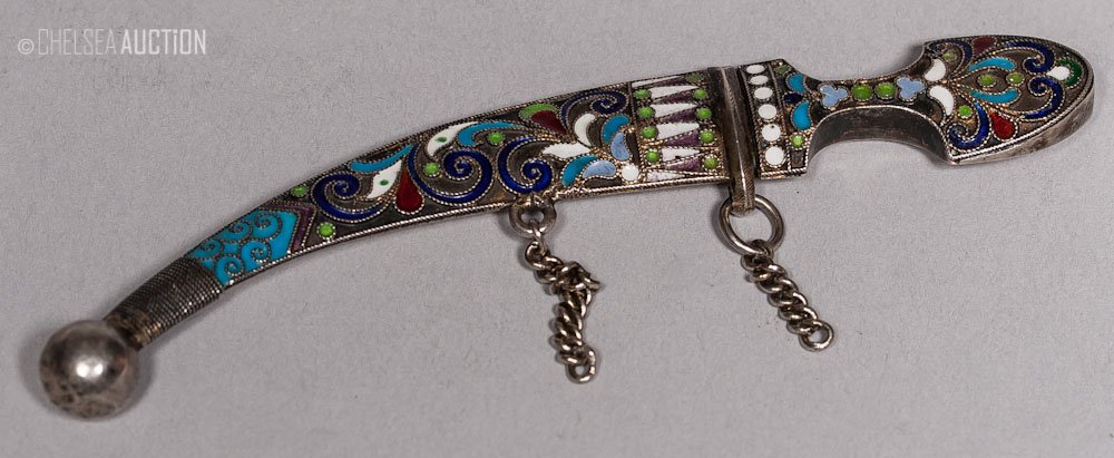 19th C. Caucasian Enamel & Silver Dagger: 19th century small Caucasian dagger with curved blade made from silver and colored enamel. SIZE: L 4 in and W 1/2 in (10 cm x 1.5 cm)