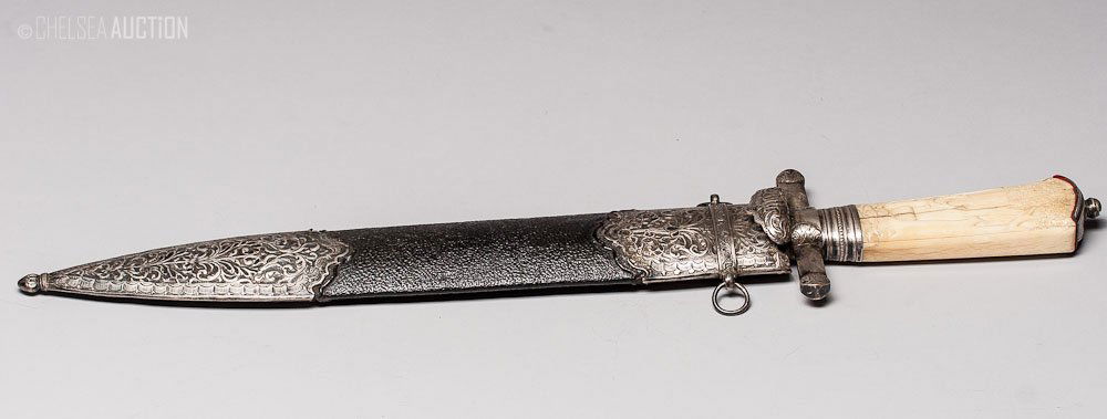 19th C. Continental Hunting Dagger w/ Double Blade: 19th Century Continental Hunting Dagger with broad double-edged blade, hilt comprising small silvered downbent shell-guard cast and chased with rocailles, straight quillons with foliate tips, fluted f