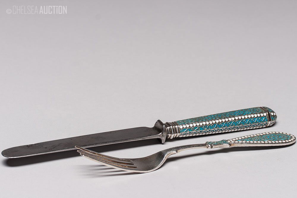 Russian Silver & Enamel Fork and Knife by Klingert: 19th C. Russian silver and blue enamel fork and knife set. Hallmark 84 standard (875/1000 silver), Maker mark Cyrillic “GK” (Gustav Klingert). Weight: 111 g