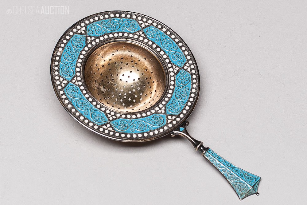 19th C. Russian Silver & Blue Enamel Tea Strainer: 19th C. Russian made for Denmark market, silver blue and enamel tea strainer. SIZE: L 4 3/4 in and W 3 in (12cm x 7.5cm) WEIGHT: 44 g