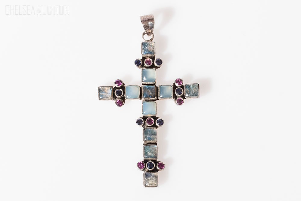 Silver Cross Pendant w/ Moonstones,Rubies, Sapphires: Silver Cross Pendant with moonstones, natural rubies and sapphires. Length: 3 inches (7.5cm) Weight: 14.6 grams