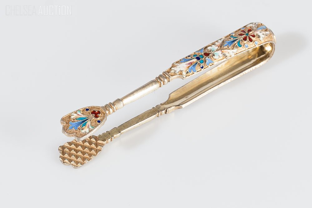19th C. Russian Silver Gilded Enamel Sugar Tong: 19th Century Russian silver gilded with multi-colored enamel sugar tong. Silver marked 84 standard. Maker Mark: I. S Cyrillic Ivan Saltikov. Length: 4 1/4 inches (10.5cm)