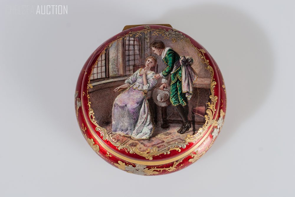 19th C. Gilded Brass Pill Box w/ Enamel by Limoges: 19th Century gilded brass pill box with enamel overlay and painting by Limoges. Diameter: 2.5 inches (6.5cm) Height: 1 inch (2.5cm)