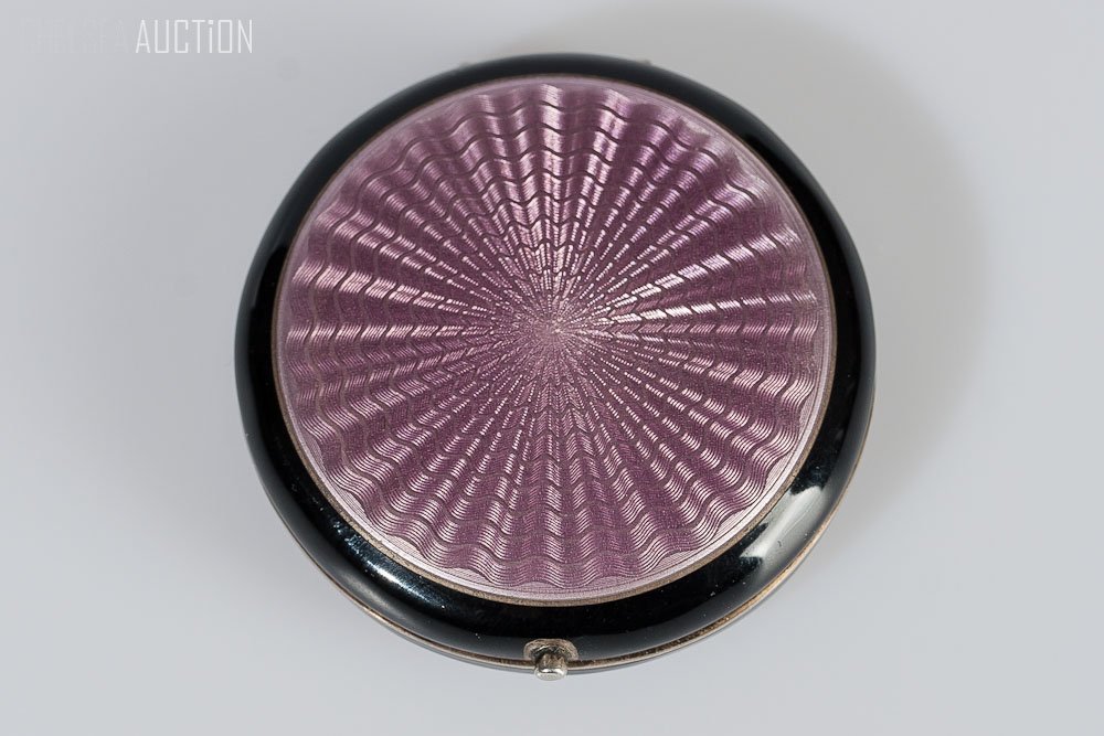 Early 20thC Austrian Silver & Purple Enamel Compact: Beginning of 20th Century, Austrian silver and purple enamel compact. Diameter: 1 1/4 inches (5.5cm)