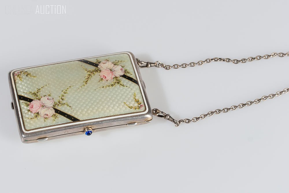 Silver & Enamel Compact-Purse w/ Sapphire: Silver and enamel compact/purse with three separate compartments. Contains silver pencil and ivory writing board. Sapphire stone on lock. Size: 3 1/4 inches (8cm) x 2 1/8 inches (5.5cm)