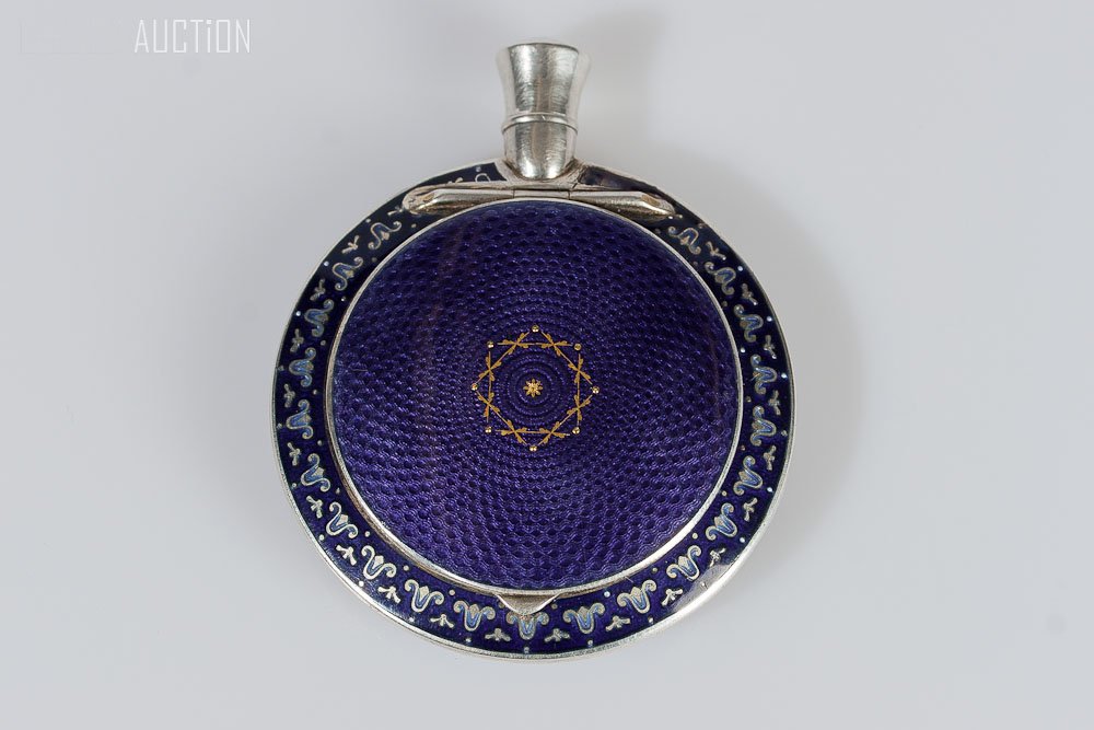 Austrian Silver Enamel Compact w/ Perfume Holder: Austrian, silver and dark purple enamel compact with perfume holder. Diameter: 2 inches (5cm)