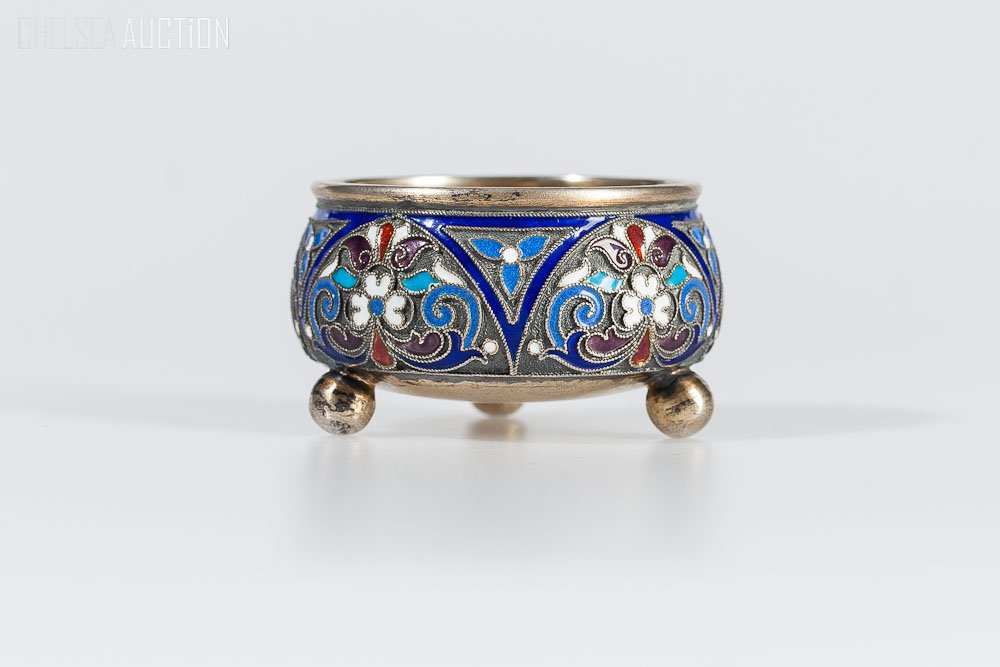Russian Silver & Enamel Salt Cellar by Klingert: 19th Century Russian silver multi-color enamel salt cellar. Hallmark Moscow, 84 standard (875/1000 silver). Maker Mark: Cyrillic “GK” (Gustav Klingert). SIZE: H 1 inches and D 1 3/4 inches (2.5cm