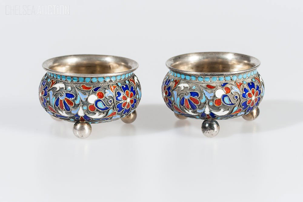 Russian Silver & Enamel Salt Cellar by Klingert: 19th Century Pair of Russian silver multi-color enamel salt cellar. Hallmark 84 standard (875/1000 silver), Maker mark Cyrillic “GK” (Gustav Klingert). SIZE: H 1 inch and D 1 3/4 inches (2.5cm x 4
