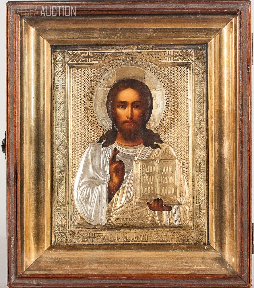 19th C. Russian Icon: Jesus Christ w/ Silver Cover: 19th Century Russian Icon: Jesus Christ with silver cover. In original box. Kiot. Oil on wood panel. Silver Mark 84. Maker Mark S.G Cyrillic. Size w/out box: 8.5 inches (22cm) x 7 inches (18cm) Size w