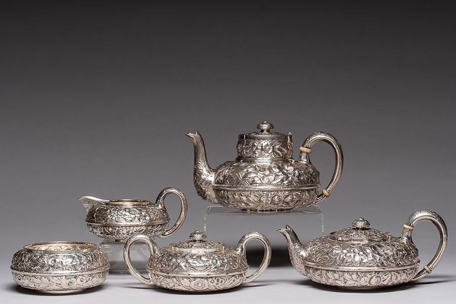 19th C. English Silver Tea Set by Gorham 65.14 ozt: 19th century English five piece sterling silver tea set by Gorham. Maker marks found on the bottom. Weight: 2026gr/65.14 ozt