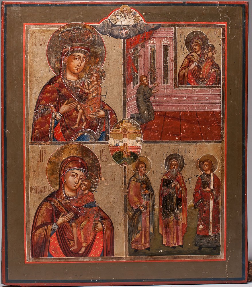 19th C. Russian Four Part Icon: 19th C. Russian four part icon. Vologda. Egg tempera, gold leaf and gesso on wood panel. Two insert splits on top and bottom. SIZE: L 14 in and W 12 1/4 in (36cm x 31cm)