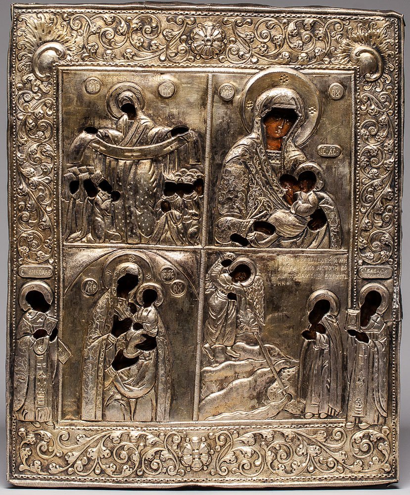 17 C. Russian Icon: Four Part Northern School: 17th. Century Russian four part icon, Northern school, double covcheg, Overlaid with a Silver-gilt unmarked cover. SIZE: With Frame: H 12 3/4 in W 10 1/2 in (32.5cm x 26.5cm)