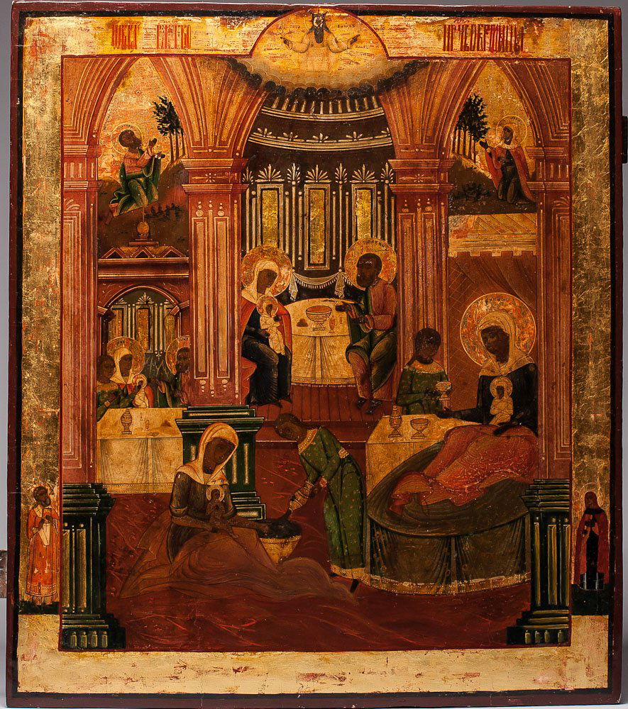 19th C. Russian Icon: Nativity Of Virgin: 19th C. Russian icon: Nativity of Virgin. Yaroslavl. Egg tempera, gold leaf and gesso on wood panel. Two splits on the back. SIZE: L 19 3/4 in and W 17 1/4 in (50cm x 44cm)