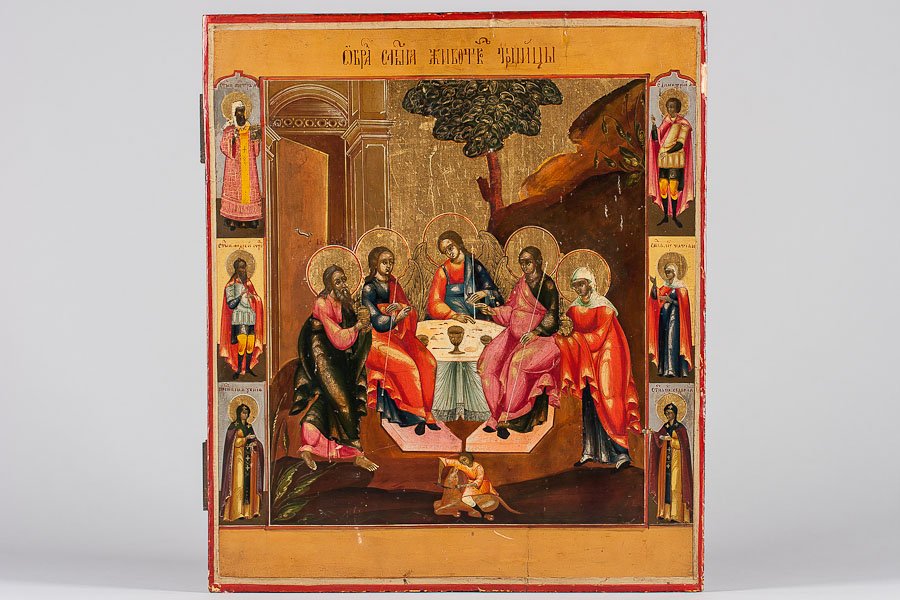 Russian Icon: Old Testatment Trinit: This Icon of the 19th Century, Yaroslav region. Egg tempera, gold leaf and gesso on wood panel. Two inserted splints in the back. Icon is in very good condition. Size: 13 3/4" x 12" (35 x 30 cm)