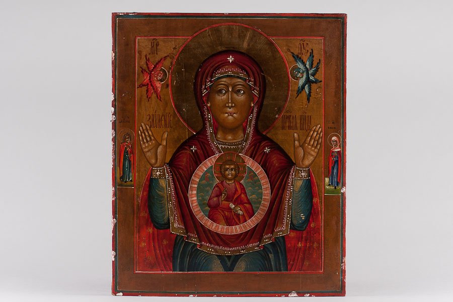 Russian Icon: Sign Mother of God: Early 19th century icon, Volga region. Egg tempera, gold leaf and gesso on wood panel. Two insert splits on top and bottom. Size: 17 3/4" x 14 3/4" (45 x 37.5 cm)