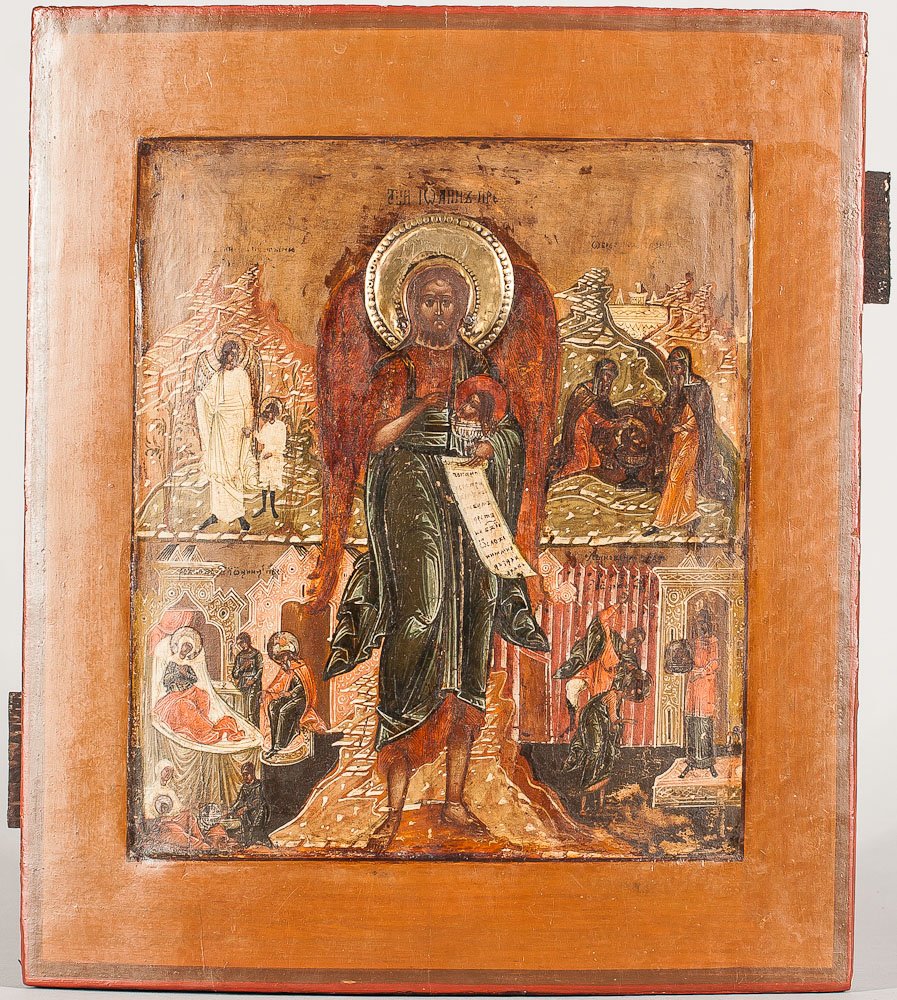 19th C. Russian Icon: Prophet John w/ Life Scenes: 19th Century Russian Icon: John the Prophet with Scenes from his life. Egg Tempera and gesso on wood panel. Two splints on the back. Size: 12 inches (30cm) x 10.5 inches (26.5cm)