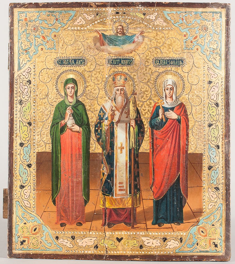 19th C. Russian Icon: Three Saints: 19th Century Russian Icon: St. Magdalena, St. Patriarch, St. Great Efemiya. Egg tempera, gold leaf and gesso on wood panel. Border and front surface is simulated enamel. Two splints on the back. Size: