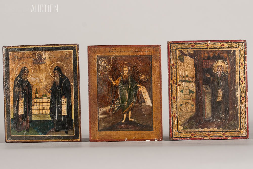 19th C. Three Russian Icons: St. John, St. Tikhon: 19th Century Three Russian Icons: 'St. John the Baptist', 'St. Tikhon' and 'Two Venerable St.'s Sergey from Valaam & Germogen'. Egg tempera, gold leaf and gesso on wood panel. No splints. Approximate 