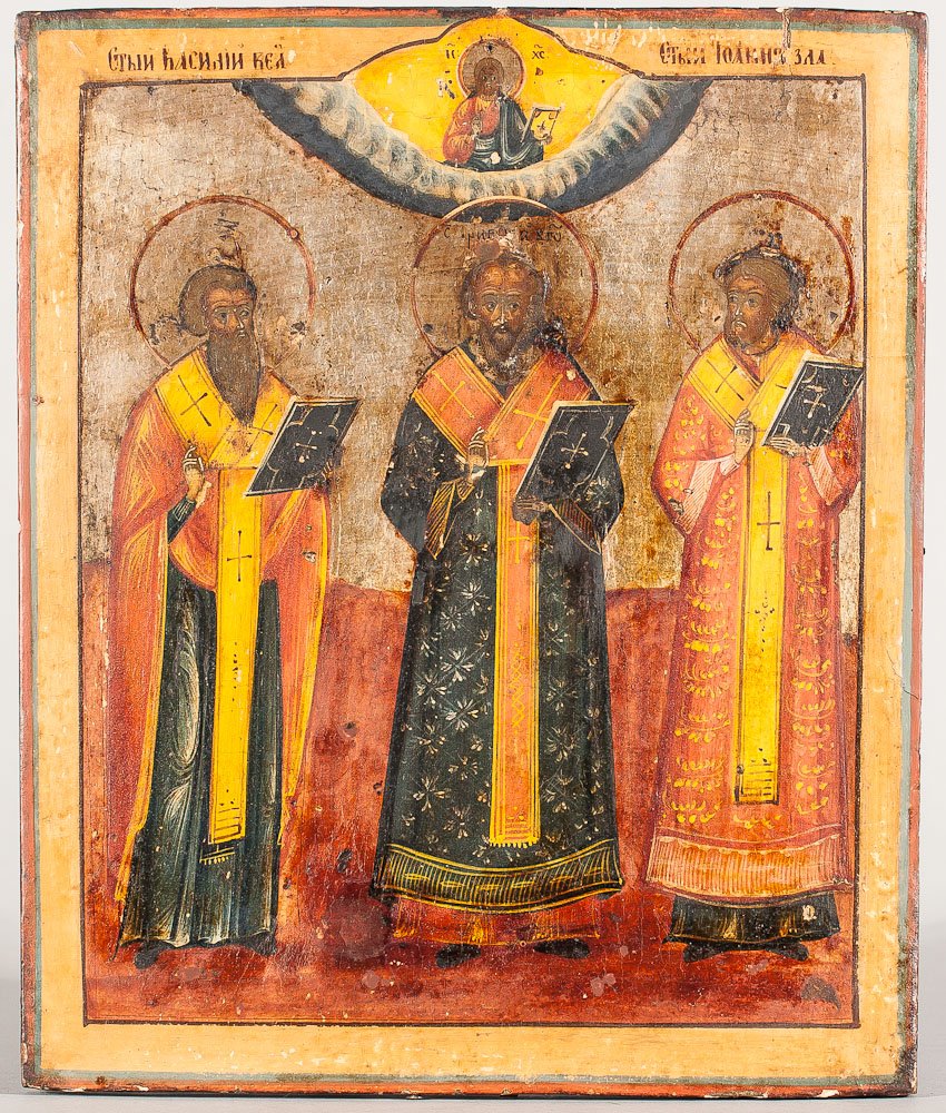 19th C. Russian Icon: Three Saints: 19th Century Russian Icon: Three Saints. Egg tempera, silver leaf and gesso on wood panel. Two splints on the back both are missing. Size: 10.5 inches (27cm) x 8 3.4 inches (22.5cm)