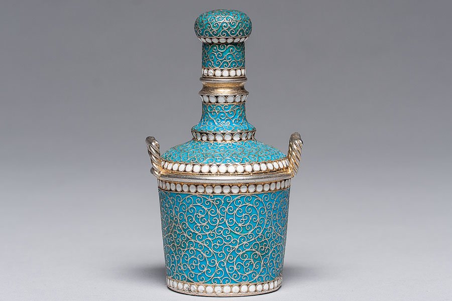 1894 Russian Silver-gilt Enamel Vinegar Bottle: 1894 Moscow, Russia silver-gilt and cloisonné enamel vinegar bottle, marked Russia silver standard 84 (875/1000), maker mark G.K. Gustav Klingert. Size: H- 4" (10 cm), D- 2 1/4" (5.5 cm)