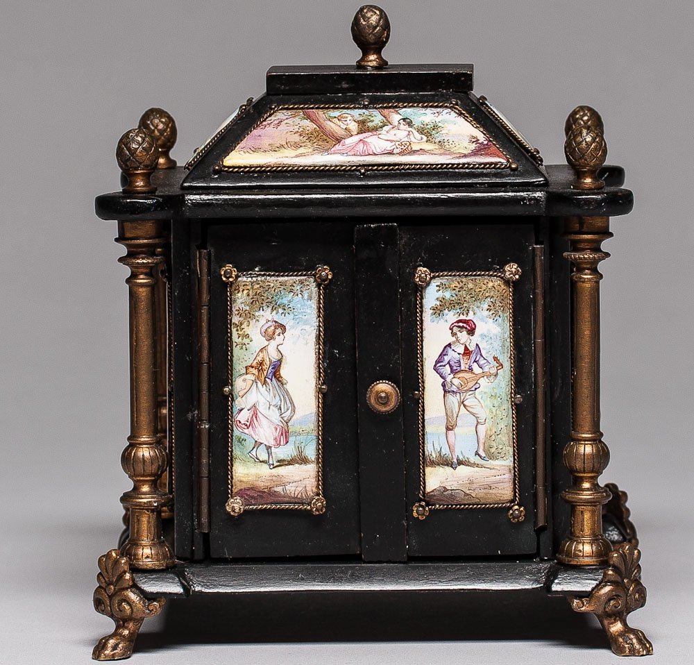 Ca. 1800 Viennese Hand Painted Jewelry Box: Circa 1800 Austrian jewelry box decorated with hand painted scenes. Has factory mark. SIZE: L 6 1/4 in and W 5 1/4 in (16 cm x 13.5 cm)