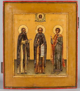 Russian Icon: Three Selected Saints, Mstera: Russian icon with three selected saints: St. Venerable Moses from Murom, St Venerable Nifont, St Venerable Martyr Bonifaty, late 19th - early 20th Century, Mstera, Old Believers workshop. Double covch