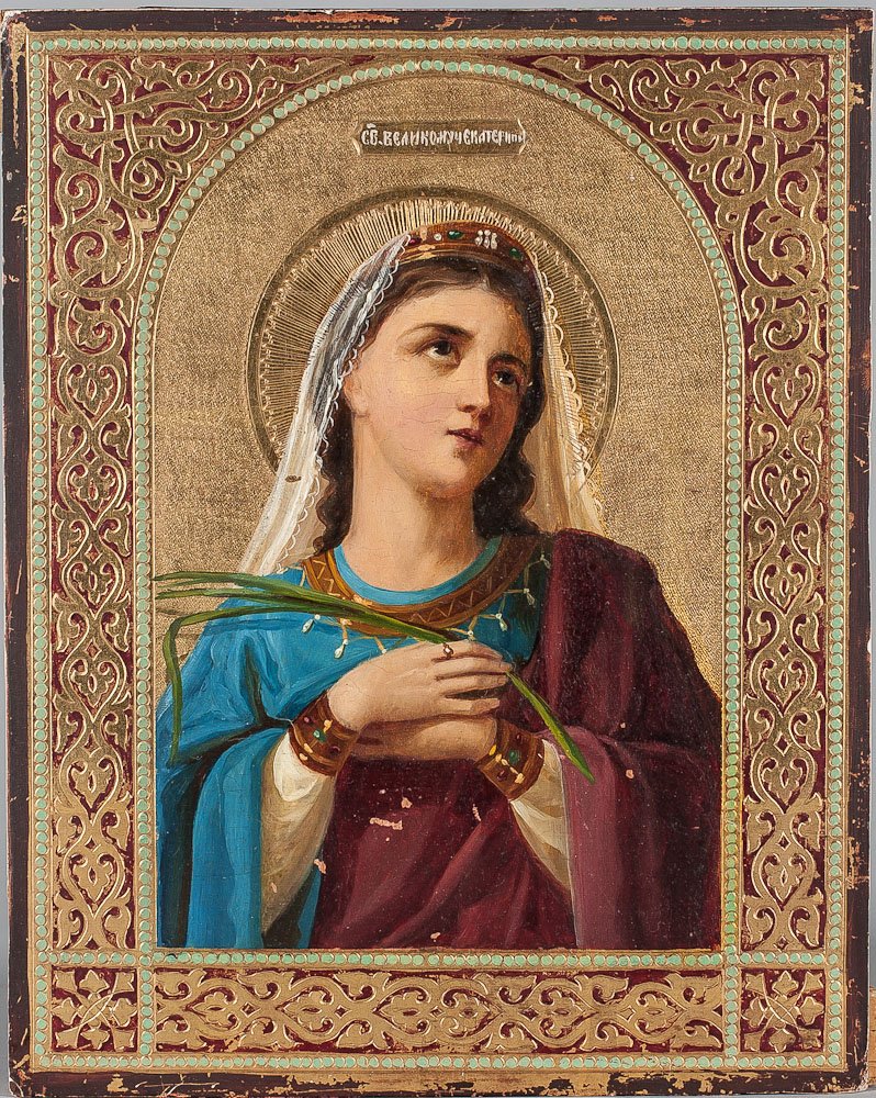 Russian Icon of St. ekaterina, 19th C.: Russian Icon of st. Ekaterina, second half of 19th Century. Egg tempera, gold leaf and gesso on wood panel. Simulated enamel on the boarders. Tow inserted splints on top and bottom. SIZE: 8 1/2 x 6 3/